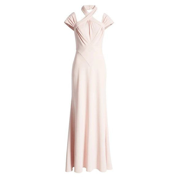 TADASHI SHOJI Cap Sleeve Cross Neck Trumpet Gown Dress Dusty Rose Large 10-12 - Picture 5 of 12